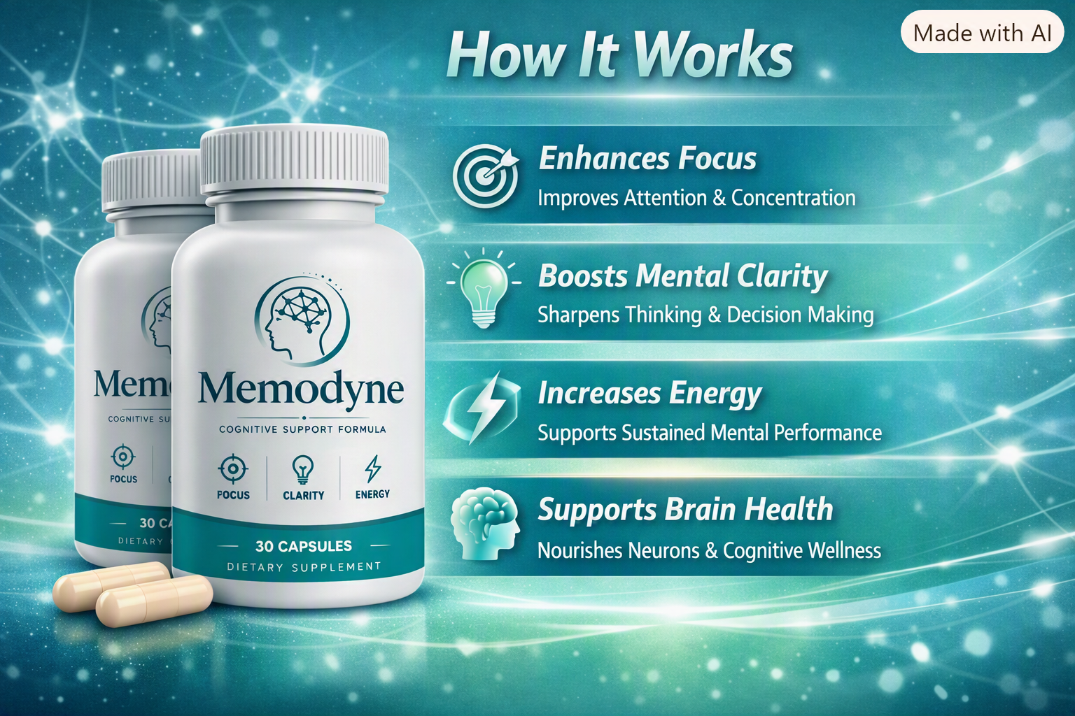 Diagram showing how Memodyne supports cerebral blood flow, cellular energy and neuronal protection